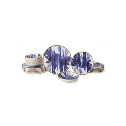 Set de masă 18 piese, alb/albastru, ceramică