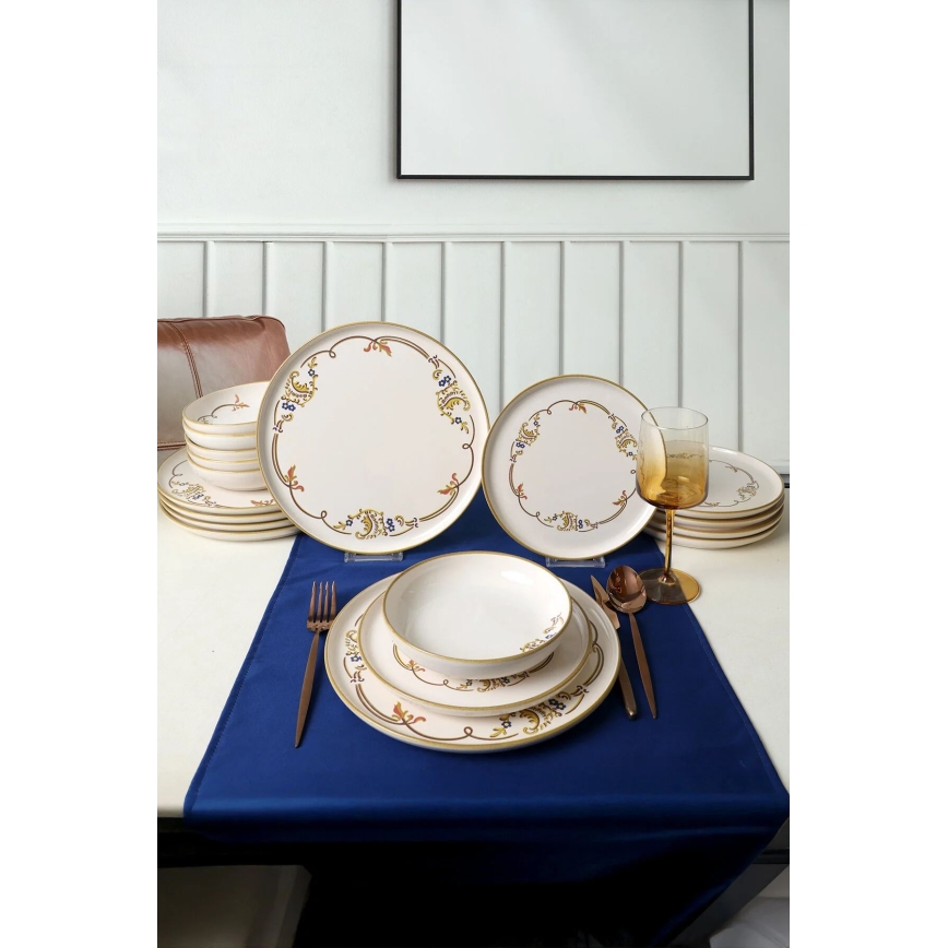 Set de masă, 18 piese, crem/auriu, din ceramică