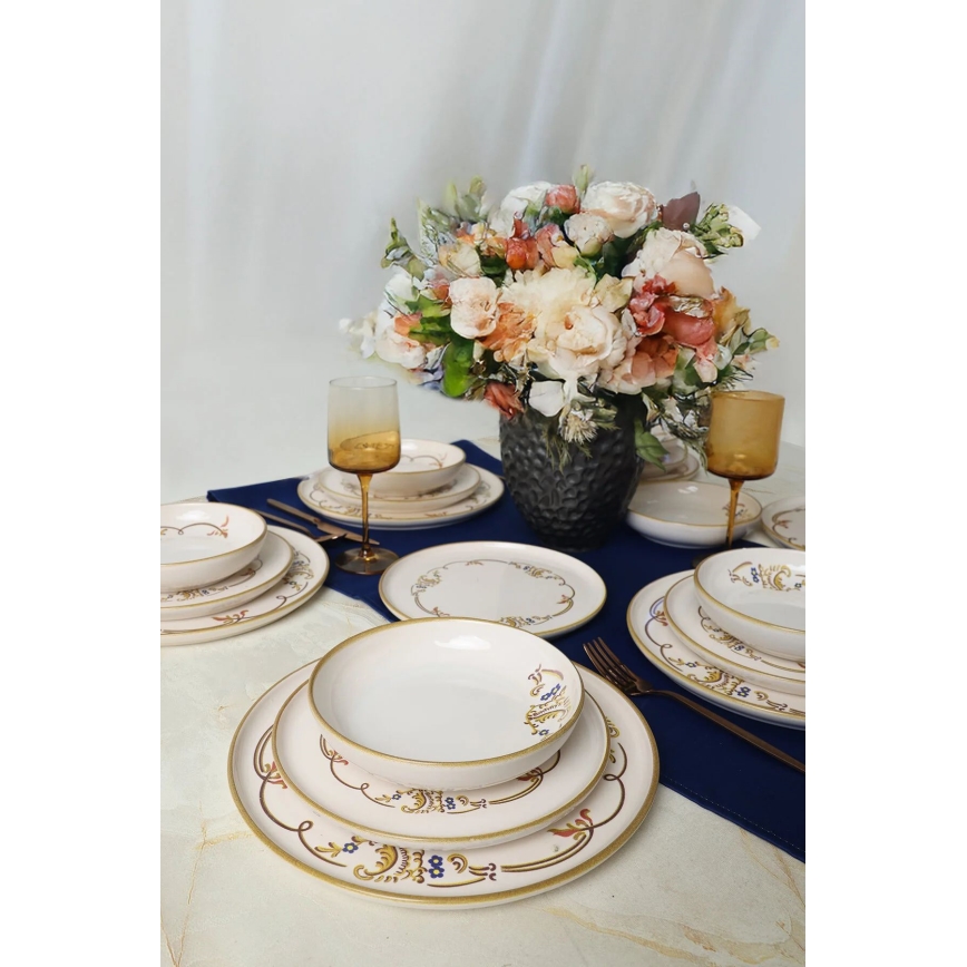 Set de masă, 18 piese, crem/auriu, din ceramică