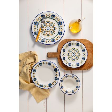 Set de masă, 24 de piese, din porțelan, alb/albastru/galben