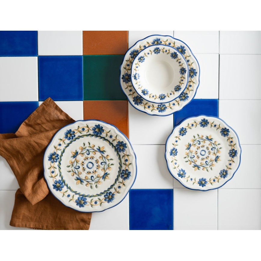 Set de masă, 24 de piese, din porțelan, alb/albastru/galben
