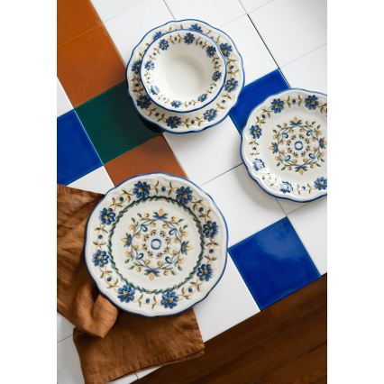 Set de masă, 24 de piese, din porțelan, alb/albastru/galben