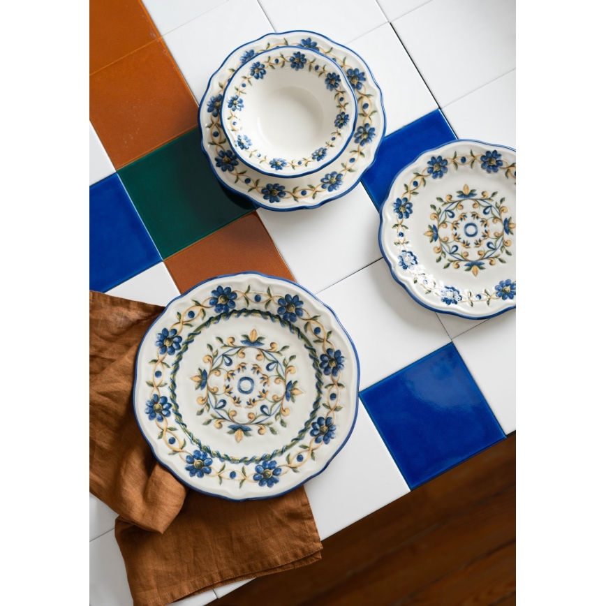 Set de masă, 24 de piese, din porțelan, alb/albastru/galben