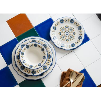 Set de masă, 24 de piese, din porțelan, alb/albastru/galben