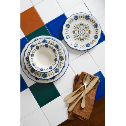Set de masă, 24 de piese, din porțelan, alb/albastru/galben