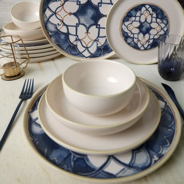 Set de masă, 24 piese, alb/albastru, ceramică