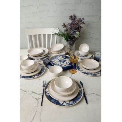 Set de masă, 24 piese, alb/albastru, ceramică