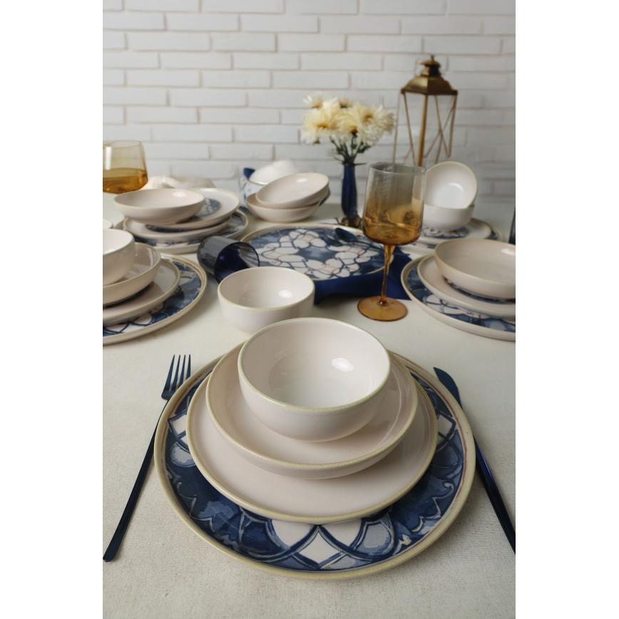 Set de masă, 24 piese, alb/albastru, ceramică