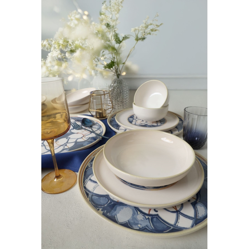 Set de masă, 24 piese, alb/albastru, ceramică