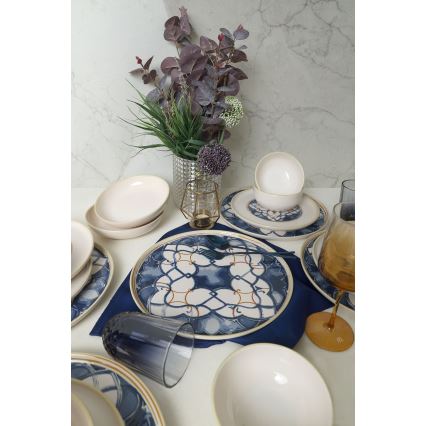 Set de masă, 24 piese, alb/albastru, ceramică