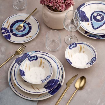 Set de masă 24 piese alb/albastru/ceramică