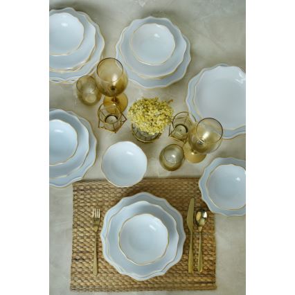 Set de masă 24 piese alb/auriu/ceramică vitrificată