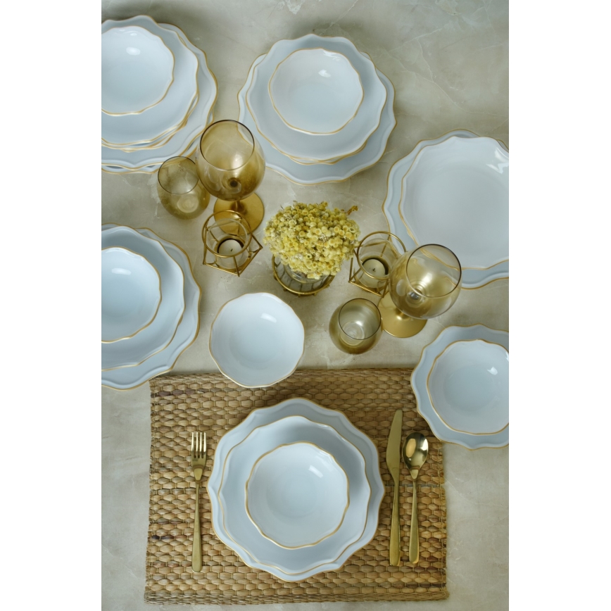 Set de masă 24 piese alb/auriu/ceramică vitrificată