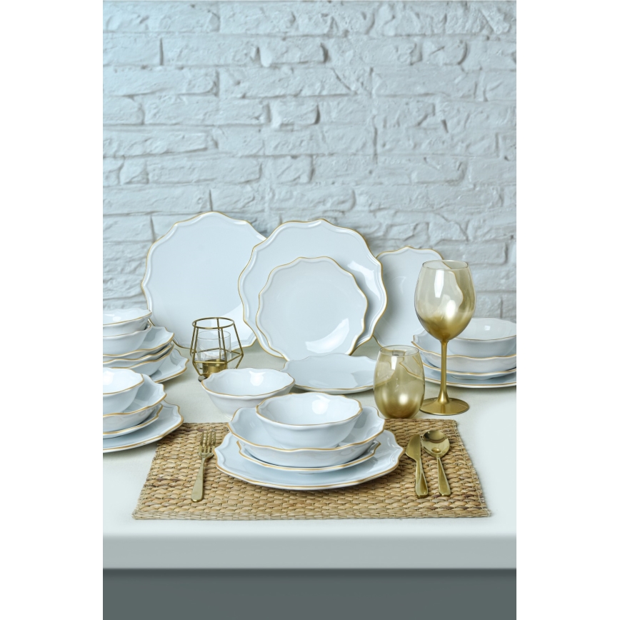 Set de masă 24 piese alb/auriu/ceramică vitrificată
