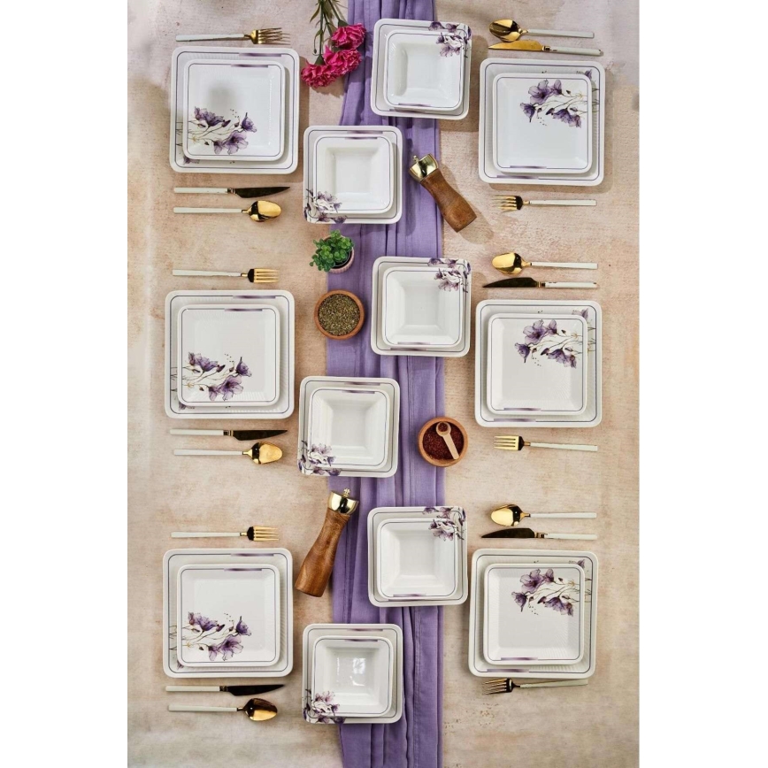 Set de masă 24 piese alb/mov/ceramică