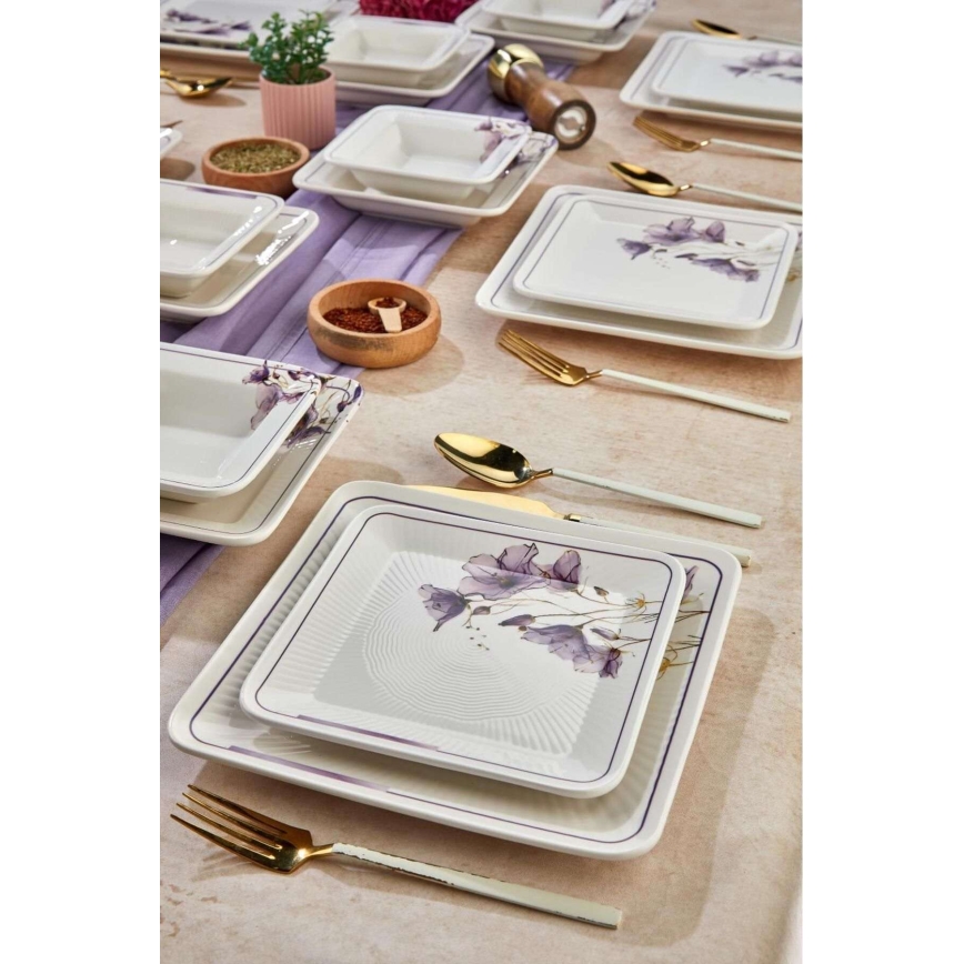 Set de masă 24 piese alb/mov/ceramică