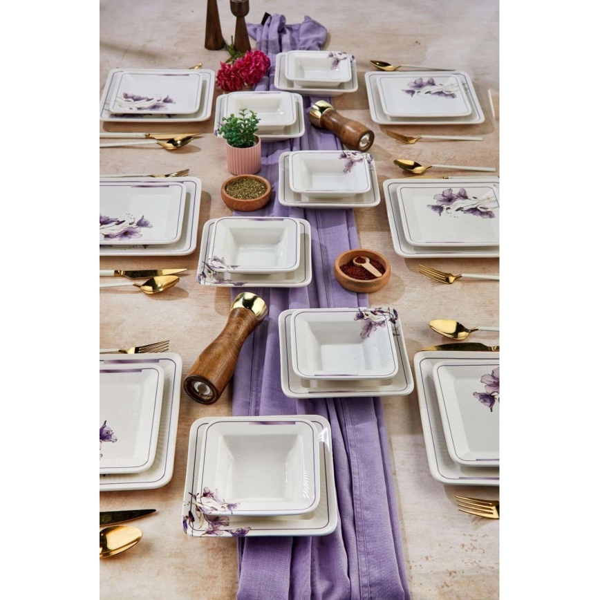 Set de masă 24 piese alb/mov/ceramică