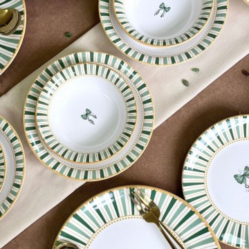 Set de masă 24 piese alb/verde/auriu/ceramică