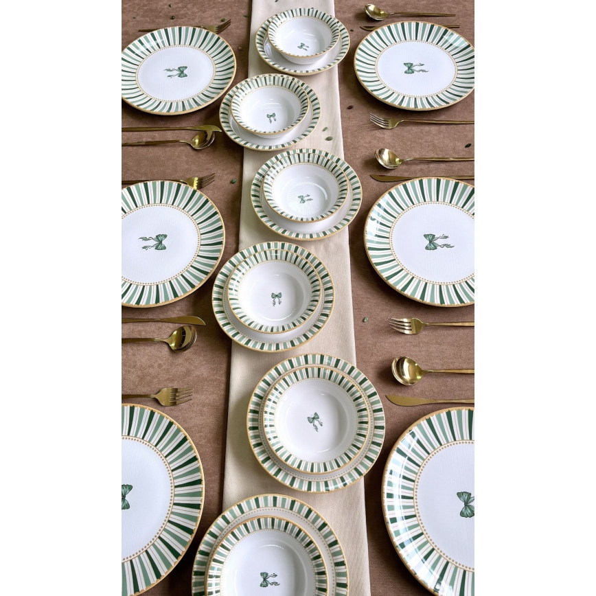 Set de masă 24 piese alb/verde/auriu/ceramică