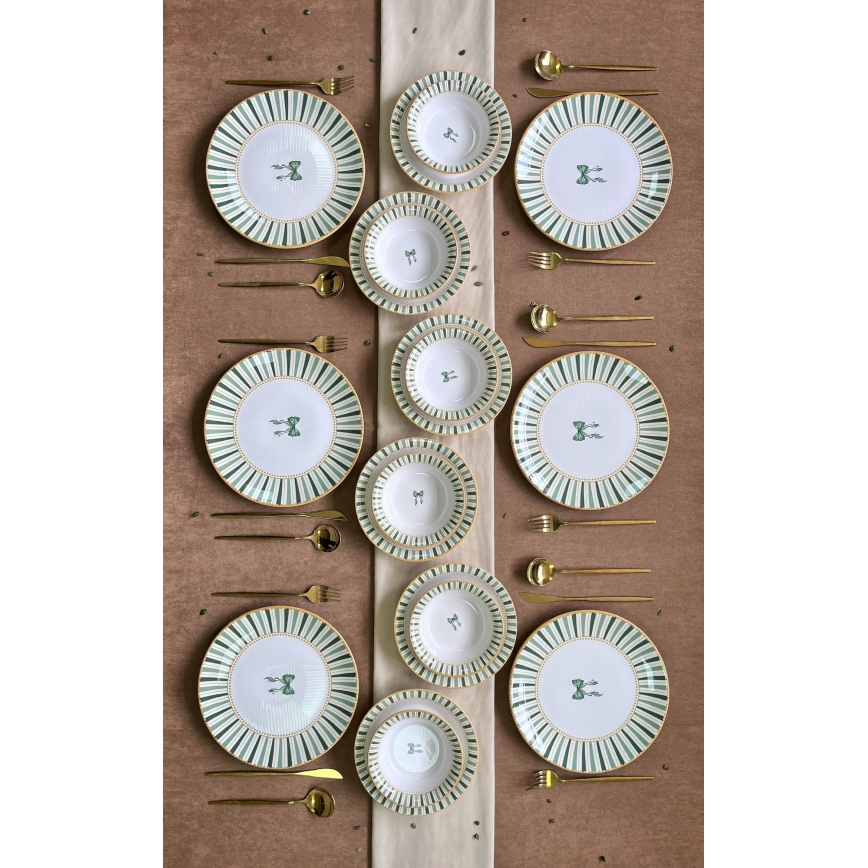 Set de masă 24 piese alb/verde/auriu/ceramică
