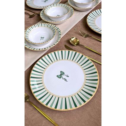 Set de masă 24 piese alb/verde/auriu/ceramică