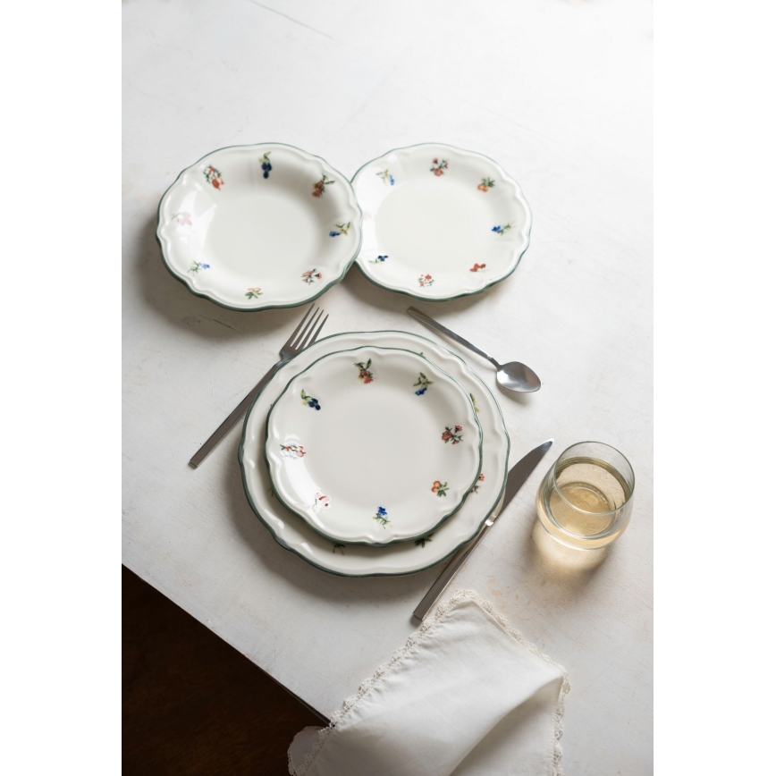 Set de masă 24 piese alb/verde, din porțelan