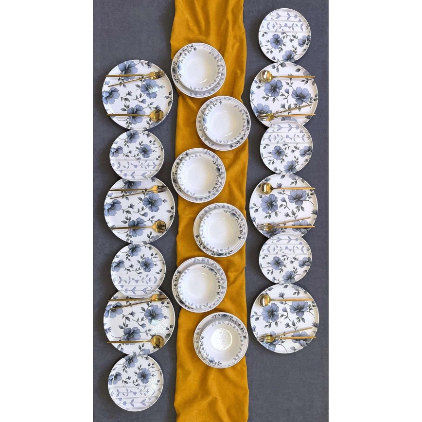 Set de masă, 24 piese, ceramică, alb/albastru
