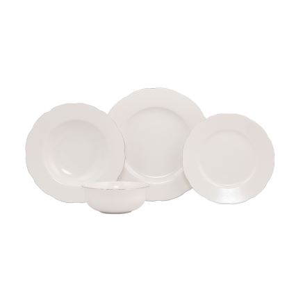 Set de masă, 24 piese, din porțelan, alb/argintiu