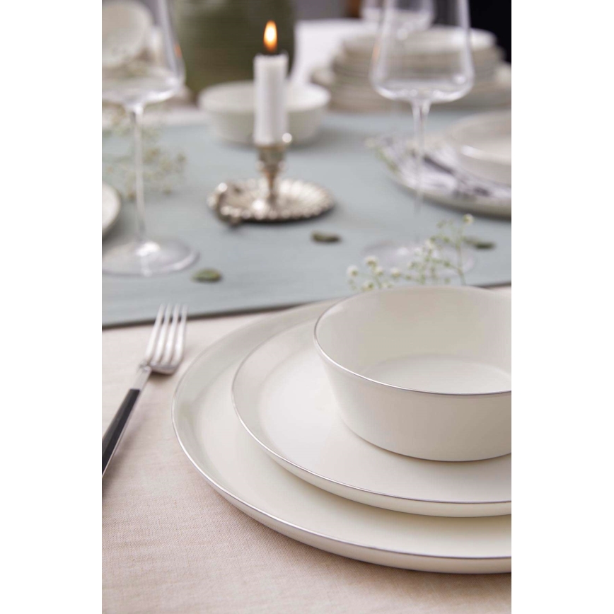 Set de masă 24 piese din porțelan, alb cu detalii argintate