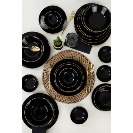 Set de masă, 24 piese, negru/auriu, din ceramică de tip stoneware