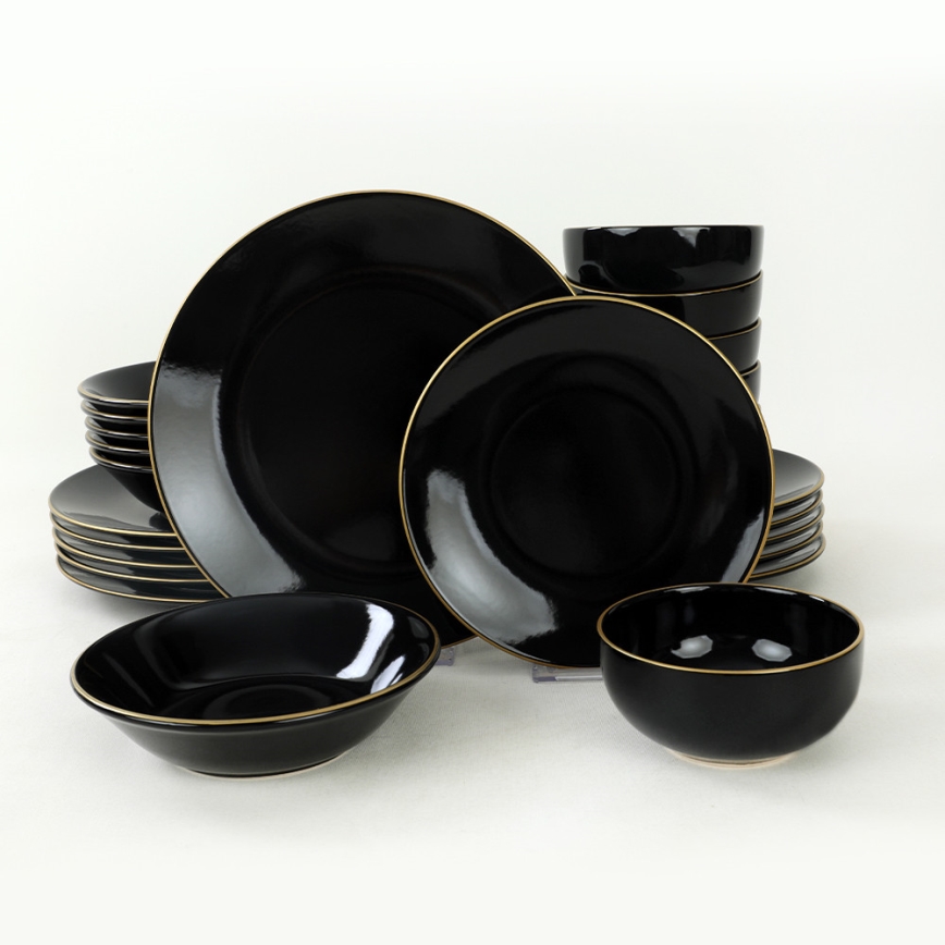 Set de masă, 24 piese, negru/auriu, din ceramică de tip stoneware