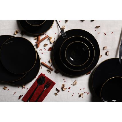 Set de masă, 24 piese, negru/auriu, din ceramică de tip stoneware