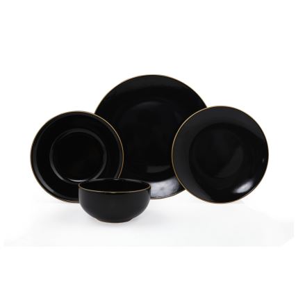 Set de masă, 24 piese, negru/auriu, din ceramică de tip stoneware