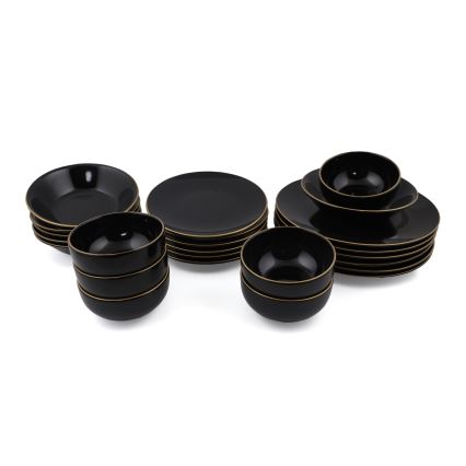 Set de masă, 24 piese, negru/auriu, din ceramică de tip stoneware