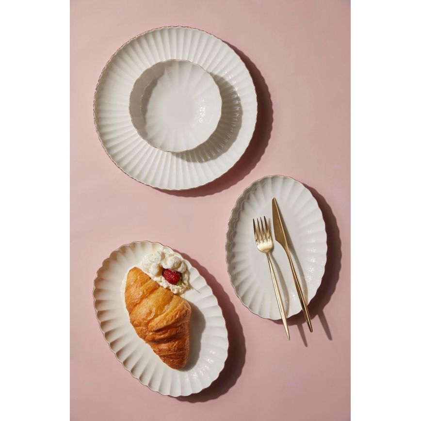 Set de masă 27 piese din porțelan, alb cu accente aurii