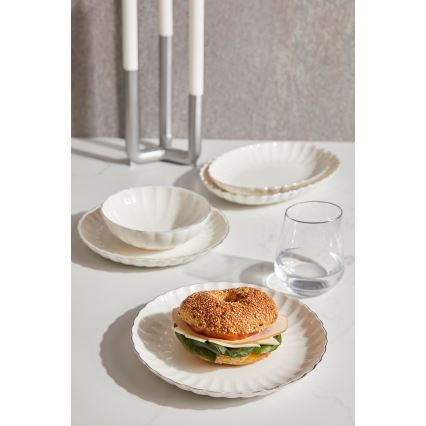 Set de masă 27 piese din porțelan, alb cu accente aurii