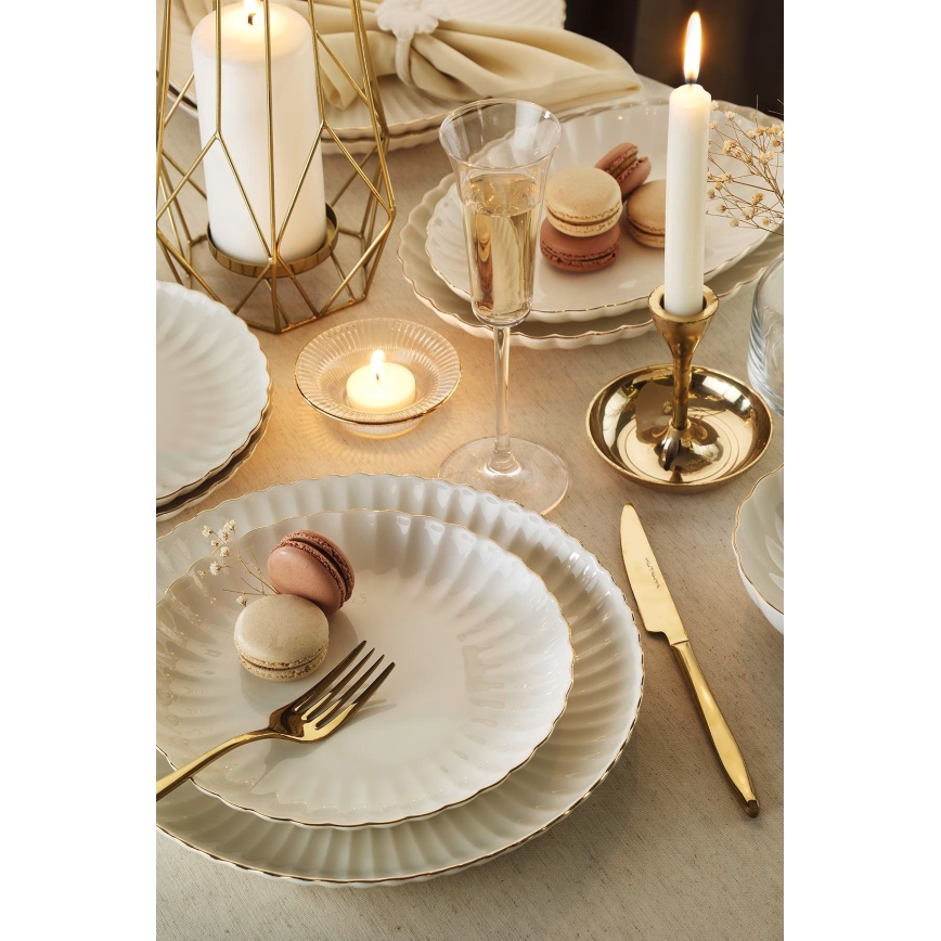 Set de masă 27 piese din porțelan, alb cu accente aurii