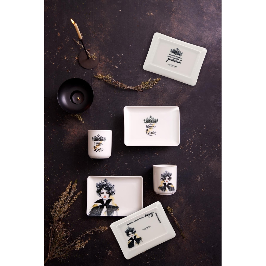 Set de masă, 4 piese, porțelan, negru/alb