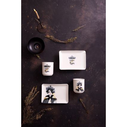 Set de masă, 4 piese, porțelan, negru/alb