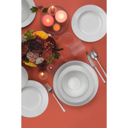 Set de masă din porțelan, 18 piese, alb cu detalii argintii