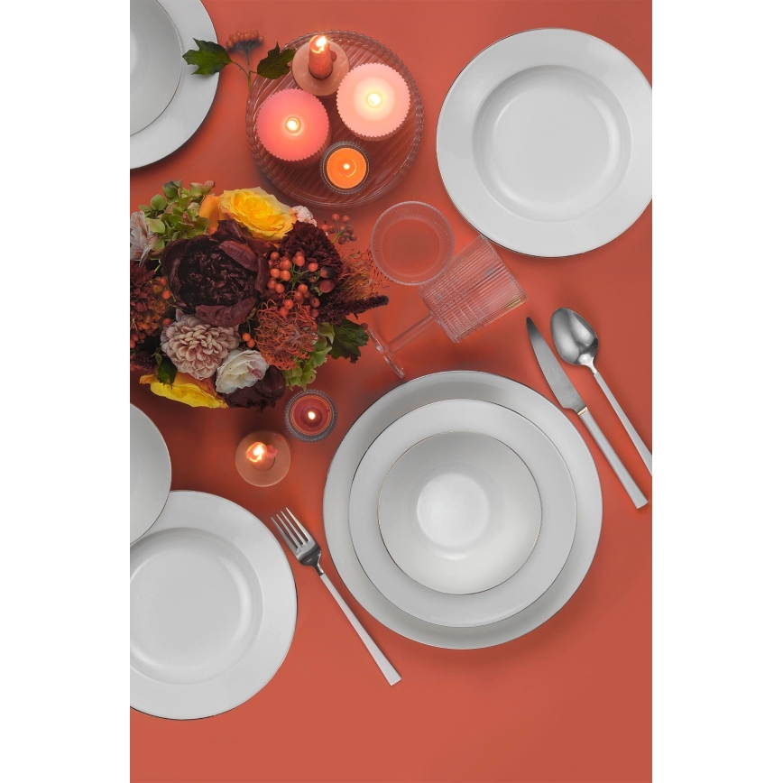 Set de masă din porțelan, 18 piese, alb cu detalii argintii