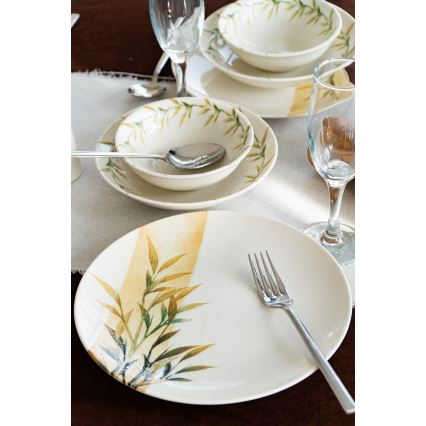 Set de masă din porțelan, 18 piese, alb/verde/galben