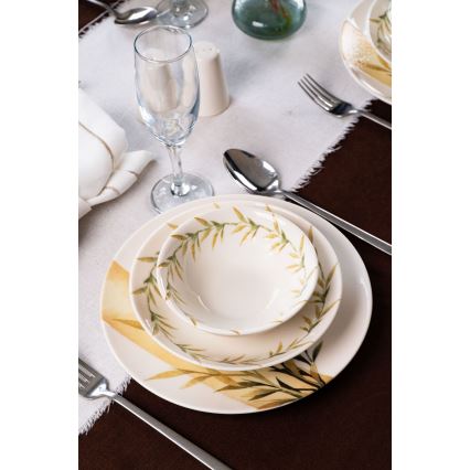 Set de masă din porțelan, 18 piese, alb/verde/galben