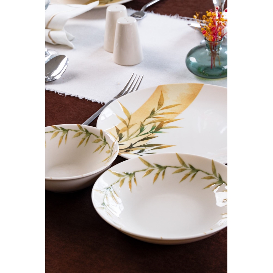 Set de masă din porțelan, 18 piese, alb/verde/galben