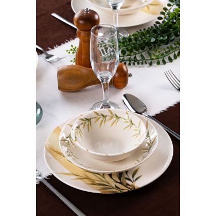 Set de masă din porțelan, 18 piese, alb/verde/galben