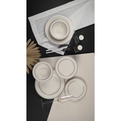 Set de veselă 18 piese, crem cu finisaj argintiu, din porțelan