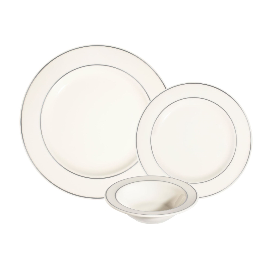 Set de veselă 18 piese, crem cu finisaj argintiu, din porțelan