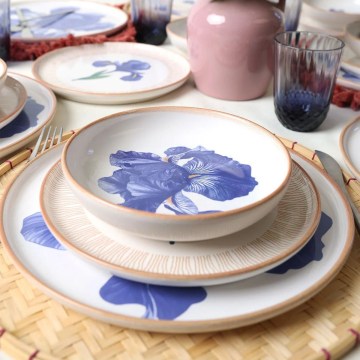 Set de veselă, 18 piese, din ceramică, alb/albastru/bej