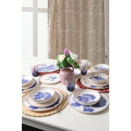 Set de veselă, 18 piese, din ceramică, alb/albastru/bej