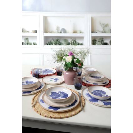 Set de veselă, 18 piese, din ceramică, alb/albastru/bej
